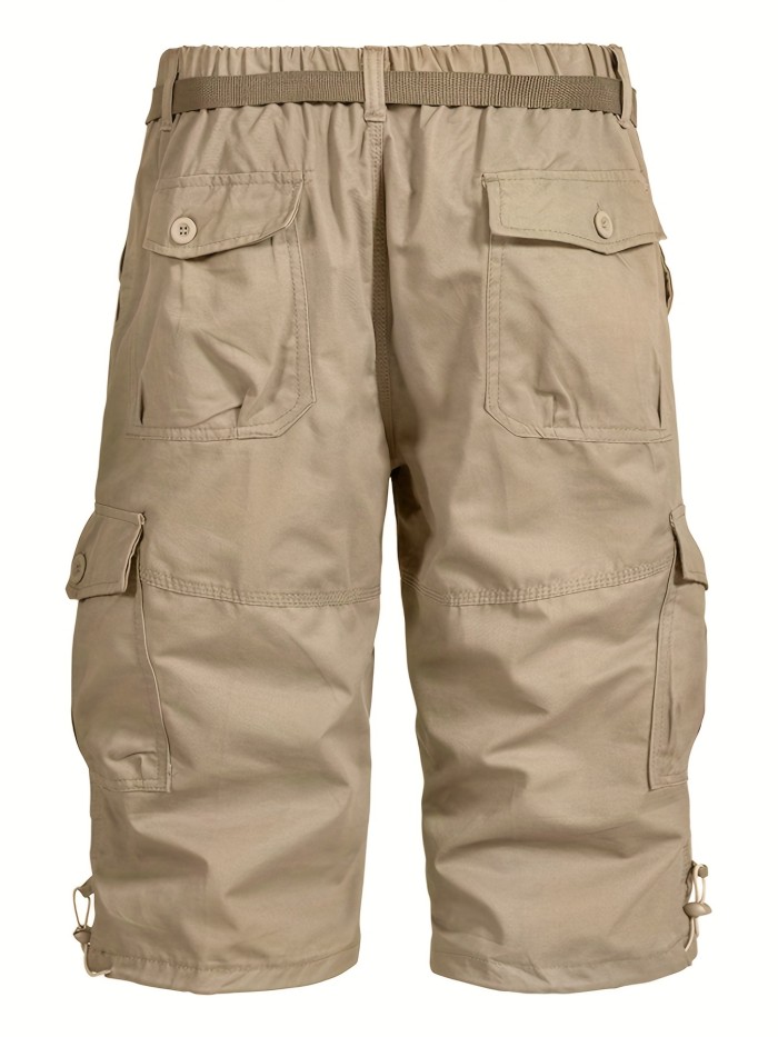 Men's Solid Loose Fit Capri Cargo Pants With Multiple Flap Pockets, Versatile And Chic Pants For Summer Leisurewear