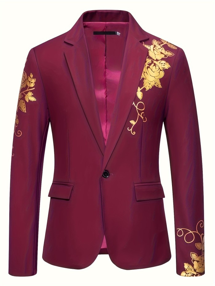 Floral Pattern Blazer, Men's Casual Flap Pocket Lapel Suit Jacket For Spring Fall Business, Old Money Style