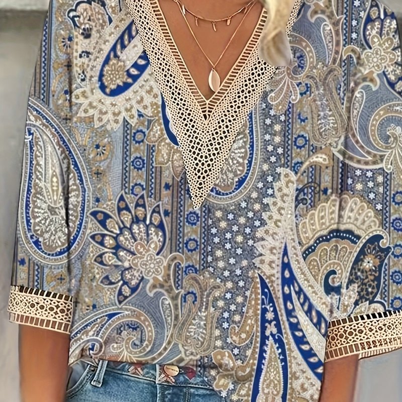 Guipure Lace Paisley Print Top, Vintage V-neck 3\u002F4 Sleeve Top For Spring & Fall, Women's Clothing