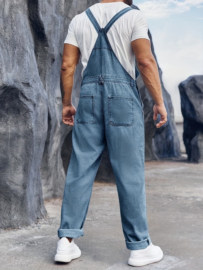 Men's Casual Denim Slim Fit Boot Cut Bib Overalls Jeans With Adjustable Straps