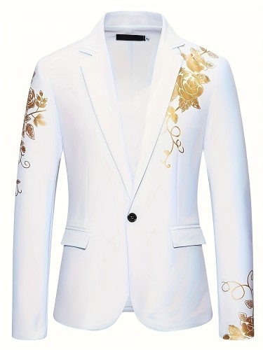 Floral Pattern Blazer, Men's Casual Flap Pocket Lapel Suit Jacket For Spring Fall Business, Old Money Style