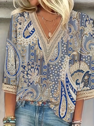 Guipure Lace Paisley Print Top, Vintage V-neck 3\u002F4 Sleeve Top For Spring & Fall, Women's Clothing