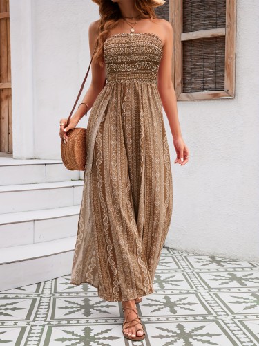 Ethnic Floral Print Tube Jumpsuit, Elegant Strapless Split Wide Leg Jumpsuit For Spring & Summer, Women's Clothing
