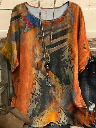 Plus Size Boho T-shirt, Women's Plus Graphic Print Short Sleeve Round Neck Medium Stretch T-shirt