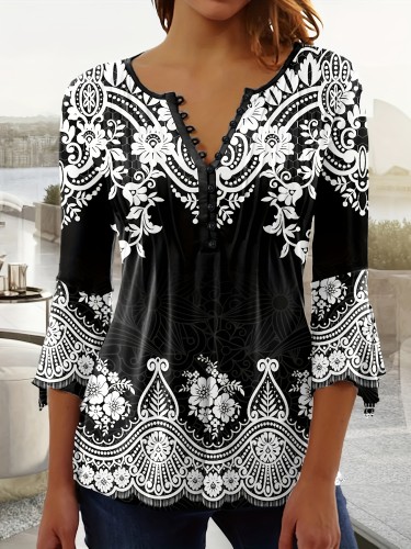 Plus Size Boho Top, Women's Plus Paisley Print Half Sleeve Button Up V Neck Slight Stretch Top