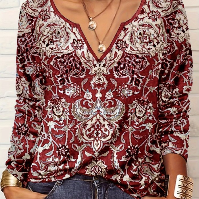 Plus Size Boho Top, Women's Plus Arabesque Print Long Sleeve Notched Neck Tunic Top