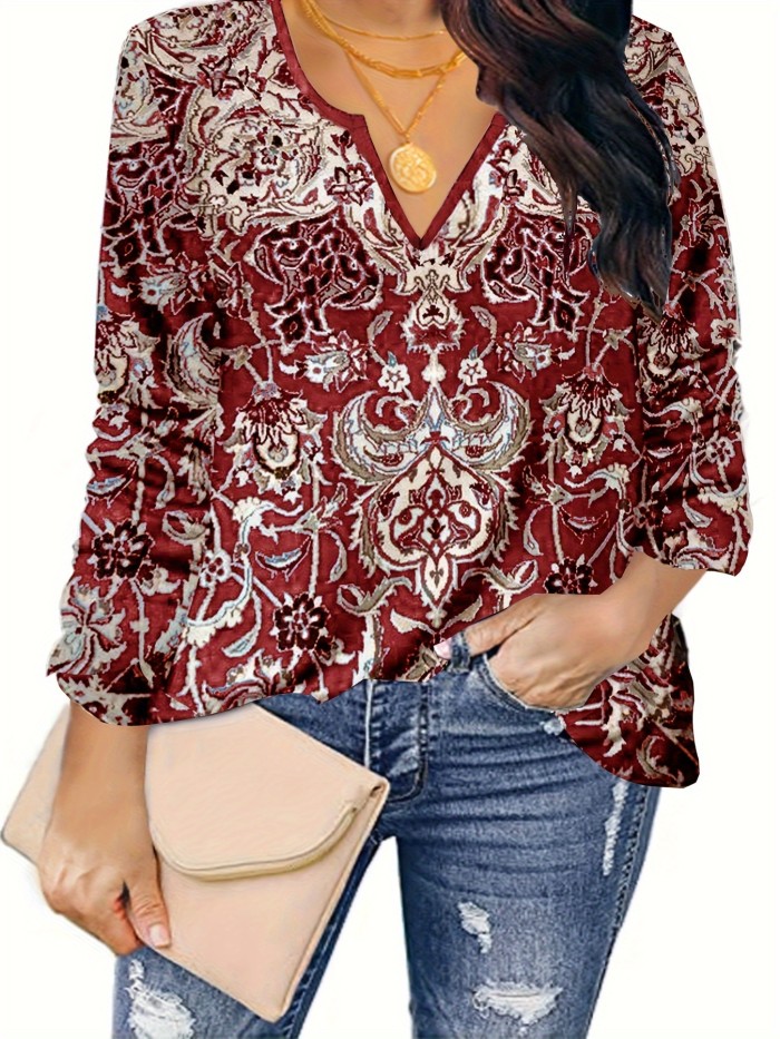 Plus Size Boho Top, Women's Plus Arabesque Print Long Sleeve Notched Neck Tunic Top