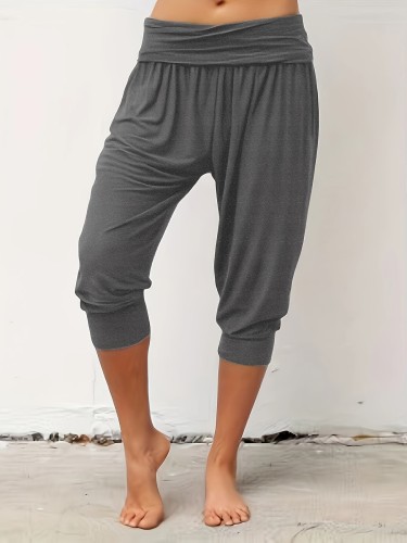 Summer Solid Loose Casual Sports Pants, Yoga Workout Casual Capri Pants, Women's Activewear