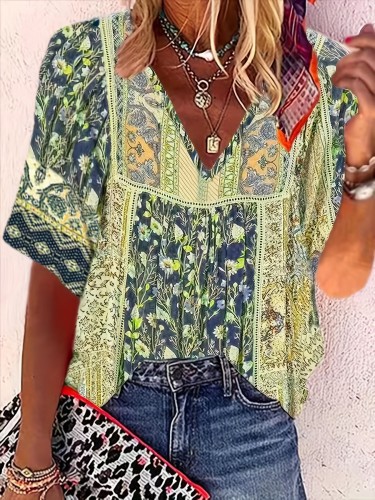 Floral Print V Neck T-Shirt, Boho Half Sleeve Top For Spring & Summer, Women's Clothing