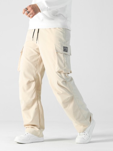Men's Letters Pattern Cargo Pants With Multi Pockets, Causal Drawstring Trousers For Outdoor Activities