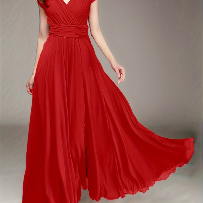 Zipper Solid Bridesmaid Dress, Elegant V-neck Dress For Wedding Party, Women's Clothing For Elegant Dressing