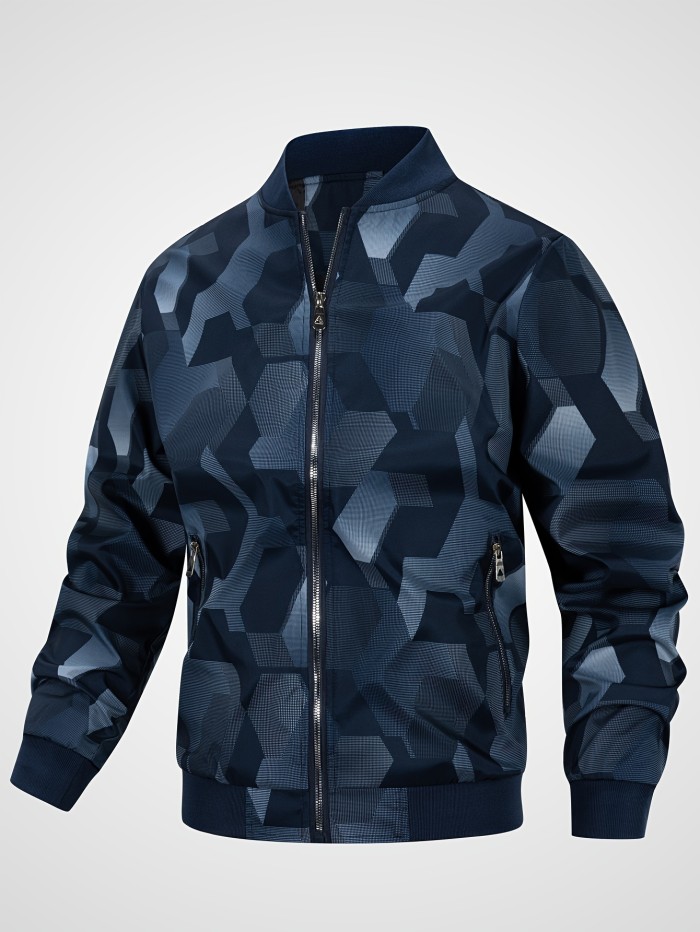 Men's Creative Pattern Print Band Collar Zip-up Jacket For Spring Fall, Stylish Casual Outwear