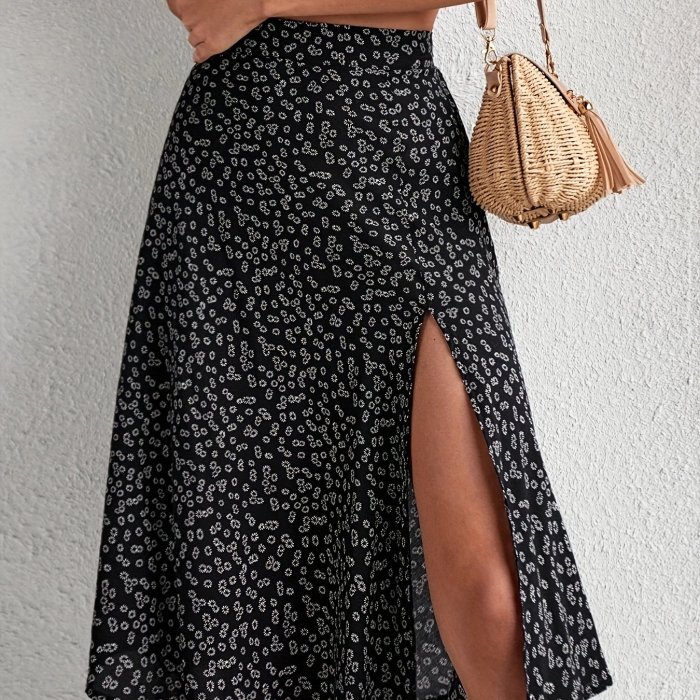 Boho Floral Print Split Skirts, Elegant High Waist Midi Skirts For Spring & Summer, Women's Clothing