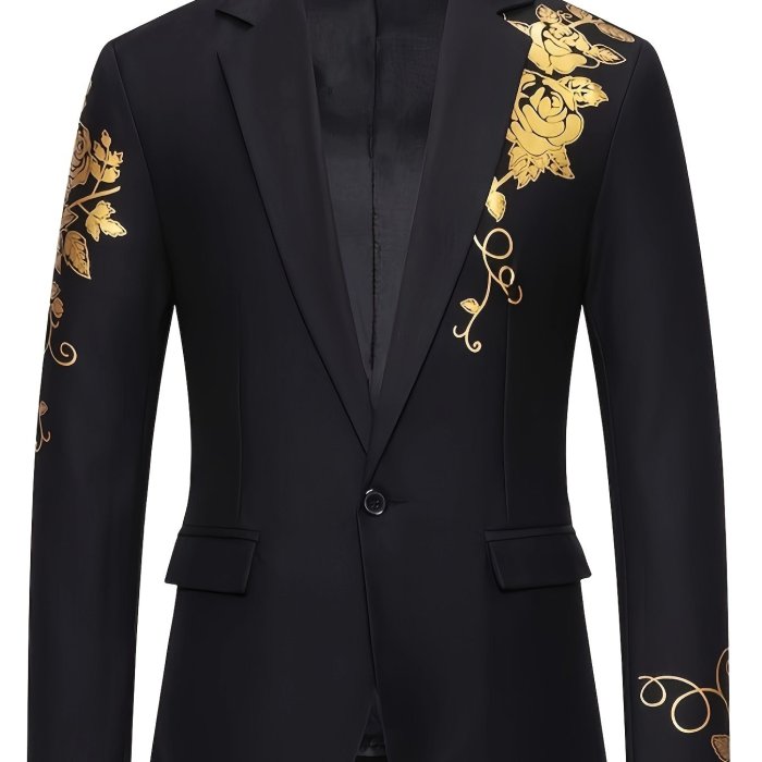Floral Pattern Blazer, Men's Casual Flap Pocket Lapel Suit Jacket For Spring Fall Business, Old Money Style