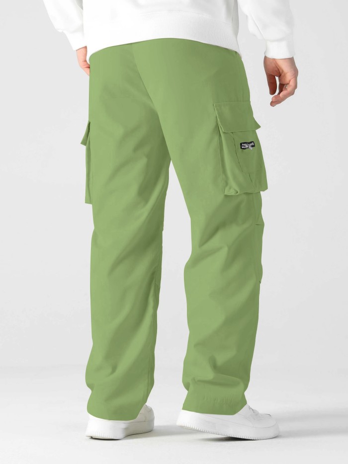 Men's Letters Pattern Cargo Pants With Multi Pockets, Causal Drawstring Trousers For Outdoor Activities