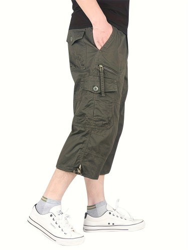 Men's Solid Loose Fit Capri Cargo Pants With Multiple Flap Pockets, Versatile And Chic Pants For Summer Leisurewear
