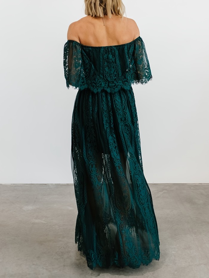 Off-shoulder Lace Ruffle Trim Dress, Casual Straight Neck Maxi Length Dress For Spring & Summer, Women's Clothing