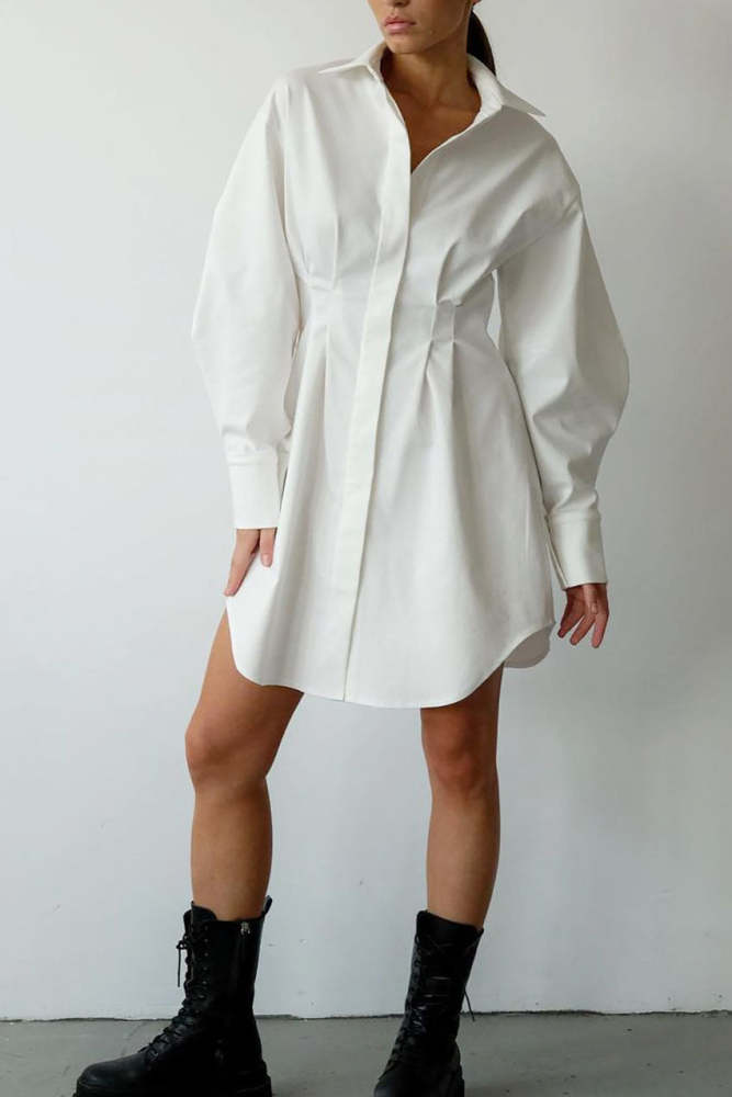 Vintage Cinched Waist Slim Fit Solid Color Shirt Dress