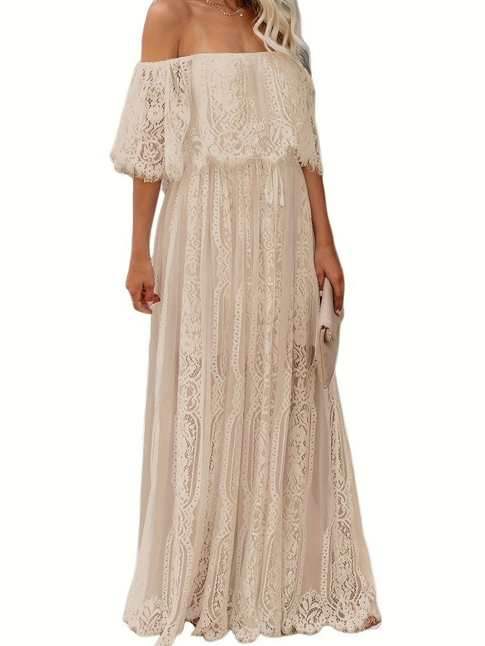 Off-shoulder Lace Ruffle Trim Dress, Casual Straight Neck Maxi Length Dress For Spring & Summer, Women's Clothing