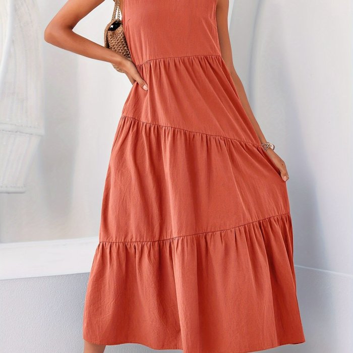 Solid Color Crew Neck Dress, Casual Sleeveless With Pockets Layered Long Dress For Spring & Fall, Women's Clothing