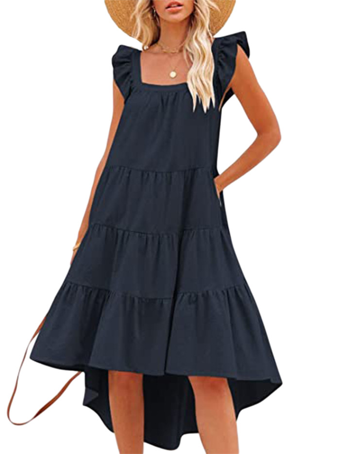 Square Neck Dipped Hem Loose Dress, Casual Flutter Sleeve Ruffle Hem Loose Beach Dress, Women's Clothing