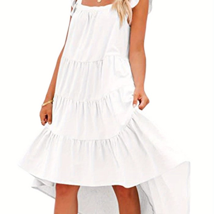 Square Neck Dipped Hem Loose Dress, Casual Flutter Sleeve Ruffle Hem Loose Beach Dress, Women's Clothing