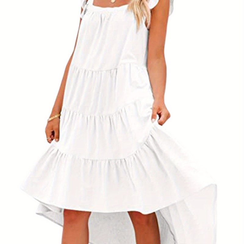 Square Neck Dipped Hem Loose Dress, Casual Flutter Sleeve Ruffle Hem Loose Beach Dress, Women's Clothing