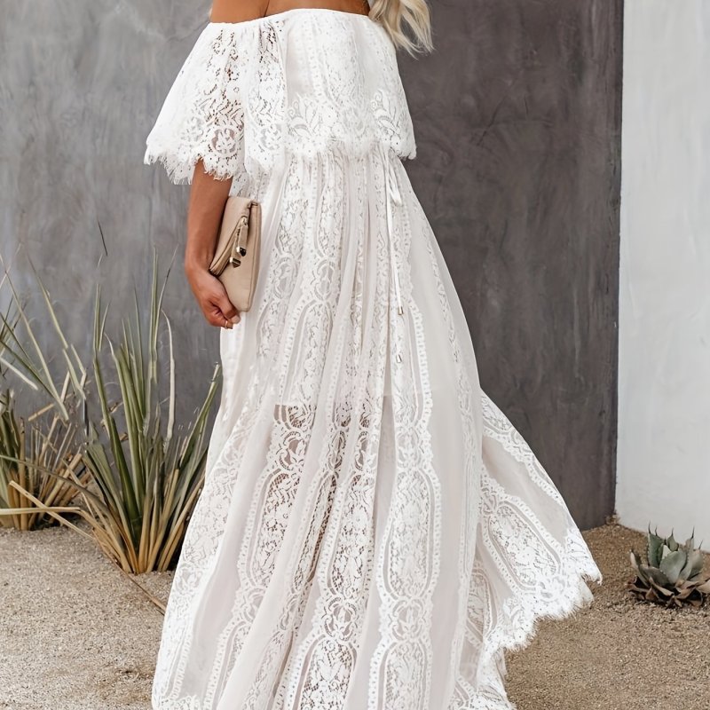 Off-shoulder Lace Ruffle Trim Dress, Casual Straight Neck Maxi Length Dress For Spring & Summer, Women's Clothing