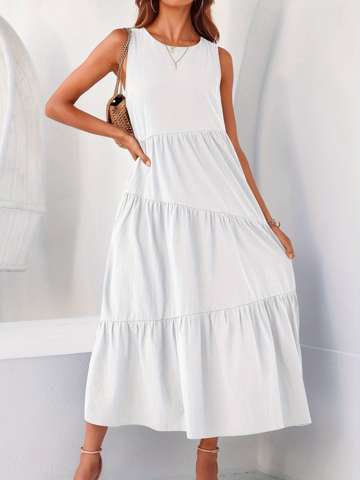 Solid Color Crew Neck Dress, Casual Sleeveless With Pockets Layered Long Dress For Spring & Fall, Women's Clothing