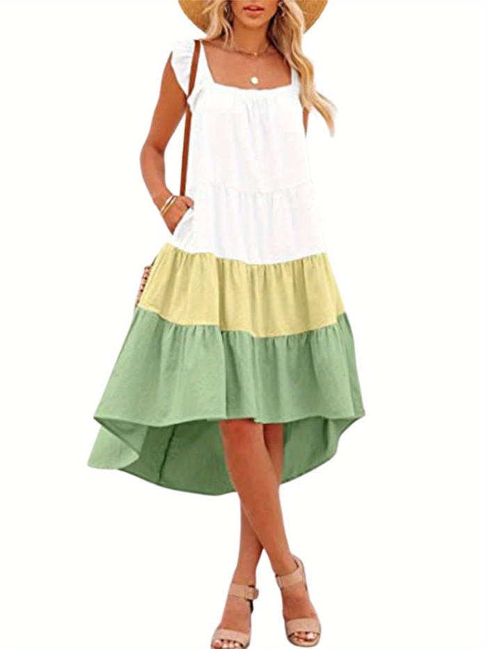 Square Neck Dipped Hem Loose Dress, Casual Flutter Sleeve Ruffle Hem Loose Beach Dress, Women's Clothing