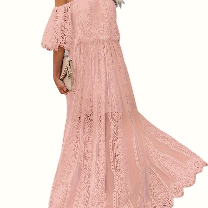 Off-shoulder Lace Ruffle Trim Dress, Casual Straight Neck Maxi Length Dress For Spring & Summer, Women's Clothing