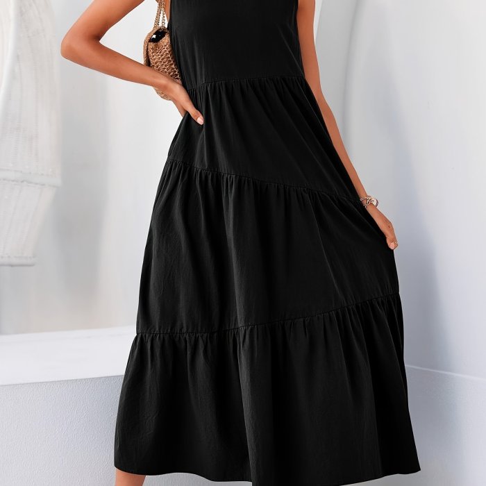 Solid Color Crew Neck Dress, Casual Sleeveless With Pockets Layered Long Dress For Spring & Fall, Women's Clothing