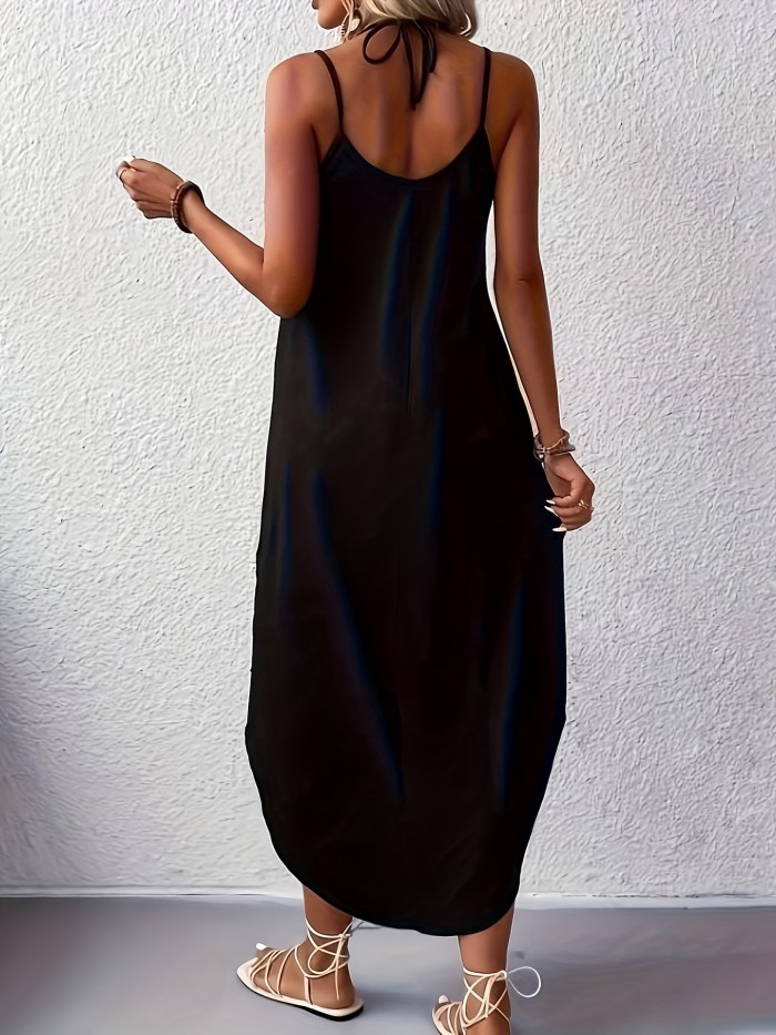 2 Pack Solid Color Crew Neck Maxi Cami Dress, Casual Sleeveless Spaghetti Strap Curvy Hem Dress, Women's Clothing