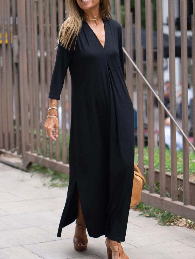 Solid color V-neck three-quarter sleeve slit dress