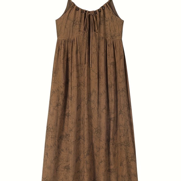 Beaded Lace Up Spaghetti Strap Loose Dress, Elegant Sleeveless Cami Dress For Spring & Summer, Women's Clothing