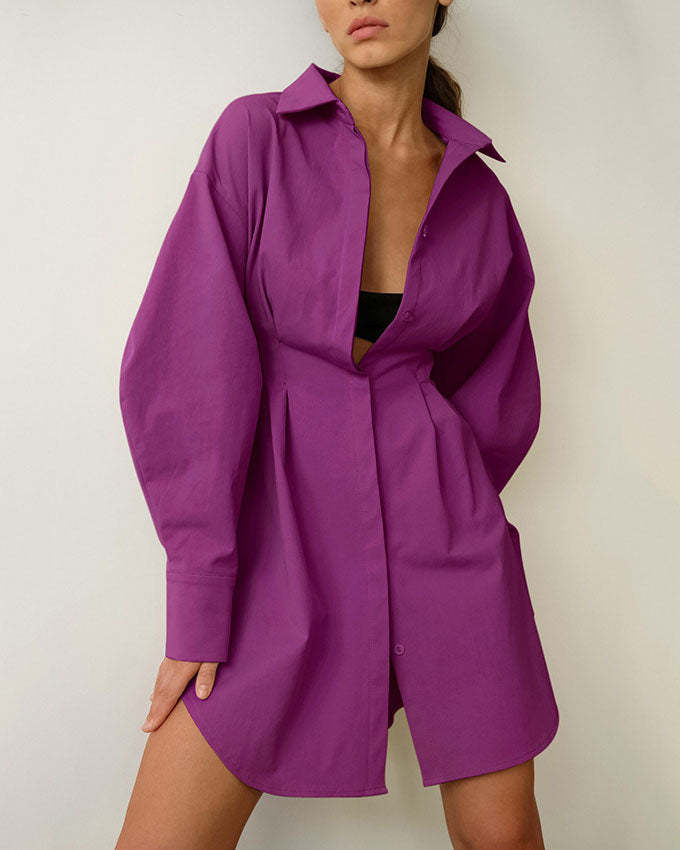 Vintage Cinched Waist Slim Fit Solid Color Shirt Dress