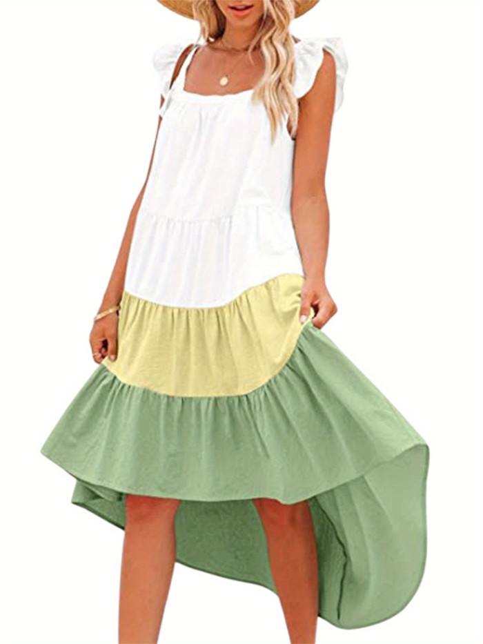 Square Neck Dipped Hem Loose Dress, Casual Flutter Sleeve Ruffle Hem Loose Beach Dress, Women's Clothing