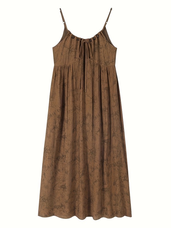 Beaded Lace Up Spaghetti Strap Loose Dress, Elegant Sleeveless Cami Dress For Spring & Summer, Women's Clothing