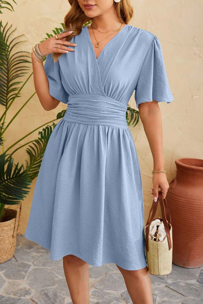 V Neck Cinched Waist Bell Sleeve Dress