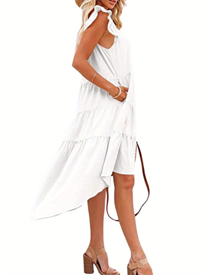 Square Neck Dipped Hem Loose Dress, Casual Flutter Sleeve Ruffle Hem Loose Beach Dress, Women's Clothing