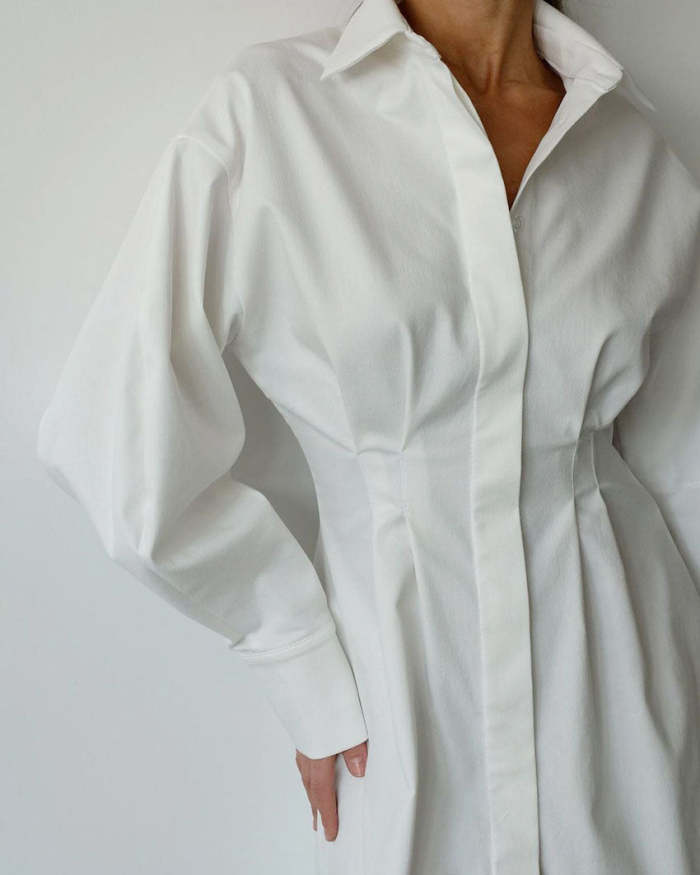 Vintage Cinched Waist Slim Fit Solid Color Shirt Dress