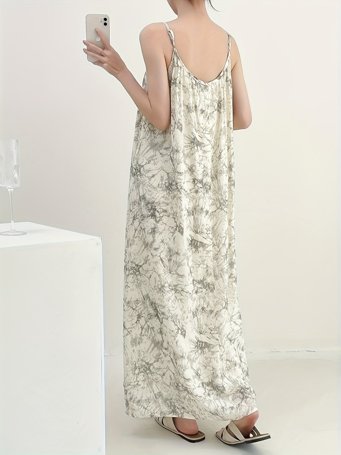 Beaded Lace Up Spaghetti Strap Loose Dress, Elegant Sleeveless Cami Dress For Spring & Summer, Women's Clothing