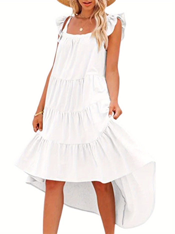 Square Neck Dipped Hem Loose Dress, Casual Flutter Sleeve Ruffle Hem Loose Beach Dress, Women's Clothing