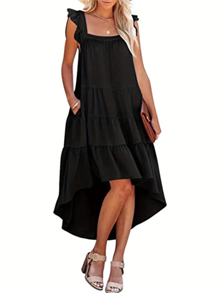 Square Neck Dipped Hem Loose Dress, Casual Flutter Sleeve Ruffle Hem Loose Beach Dress, Women's Clothing