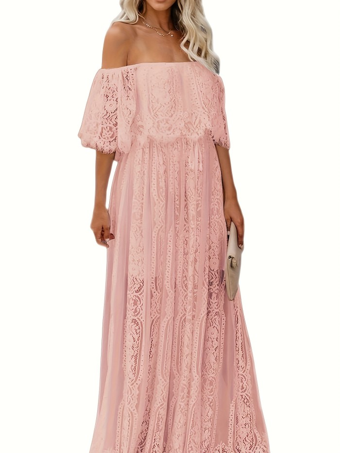Off-shoulder Lace Ruffle Trim Dress, Casual Straight Neck Maxi Length Dress For Spring & Summer, Women's Clothing