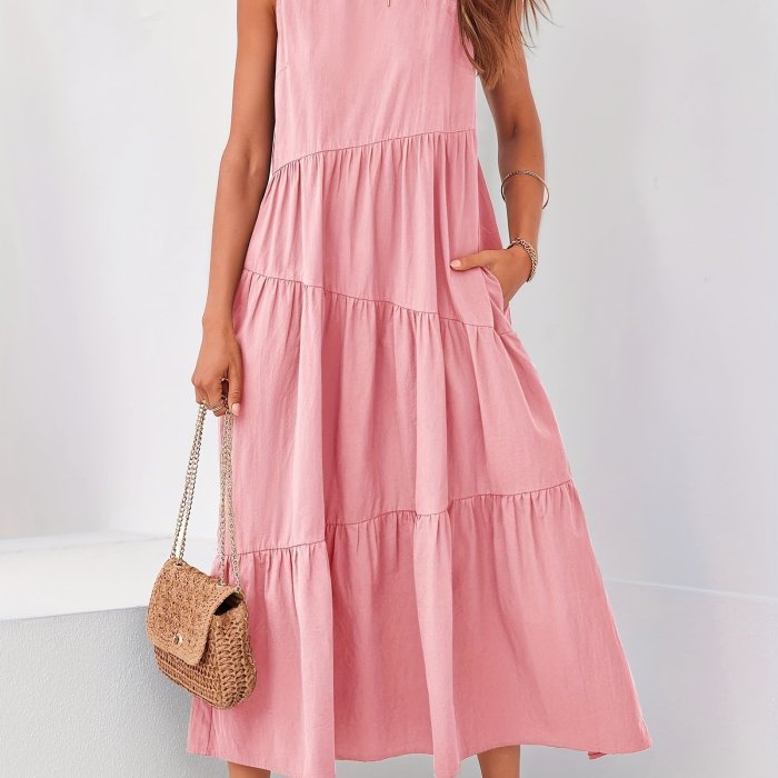 Solid Color Crew Neck Dress, Casual Sleeveless With Pockets Layered Long Dress For Spring & Fall, Women's Clothing