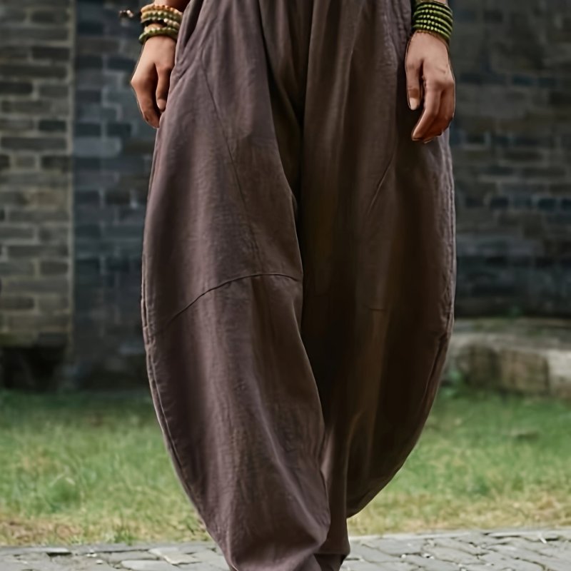 Solid Elastic Waist Baggy Pants, Casual Pocket Harem Pants For Spring & Summer, Women's Clothing
