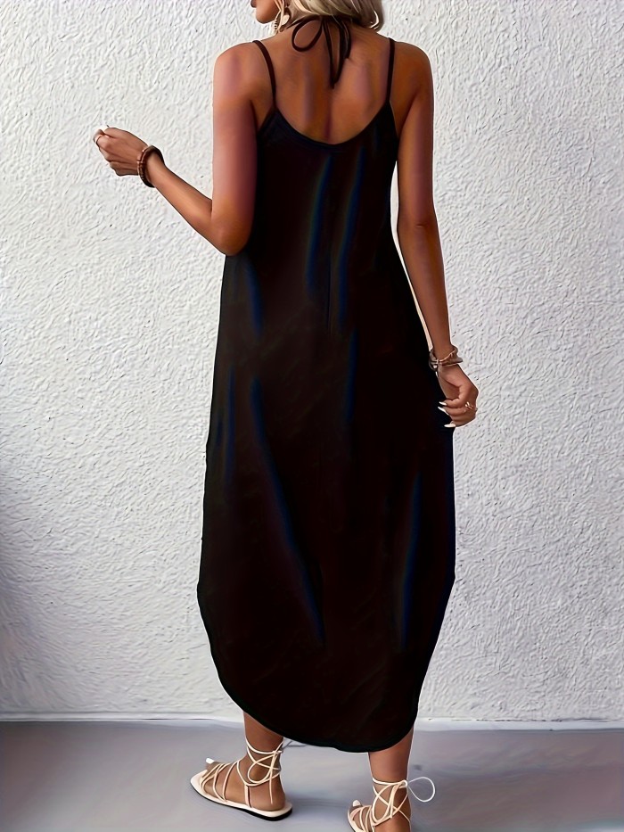 2 Pack Solid Color Crew Neck Maxi Cami Dress, Casual Sleeveless Spaghetti Strap Curvy Hem Dress, Women's Clothing