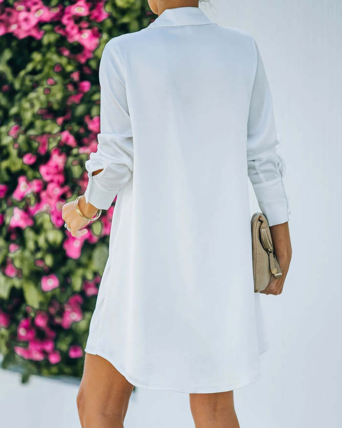 Loose shirt collar long sleeve solid color dress