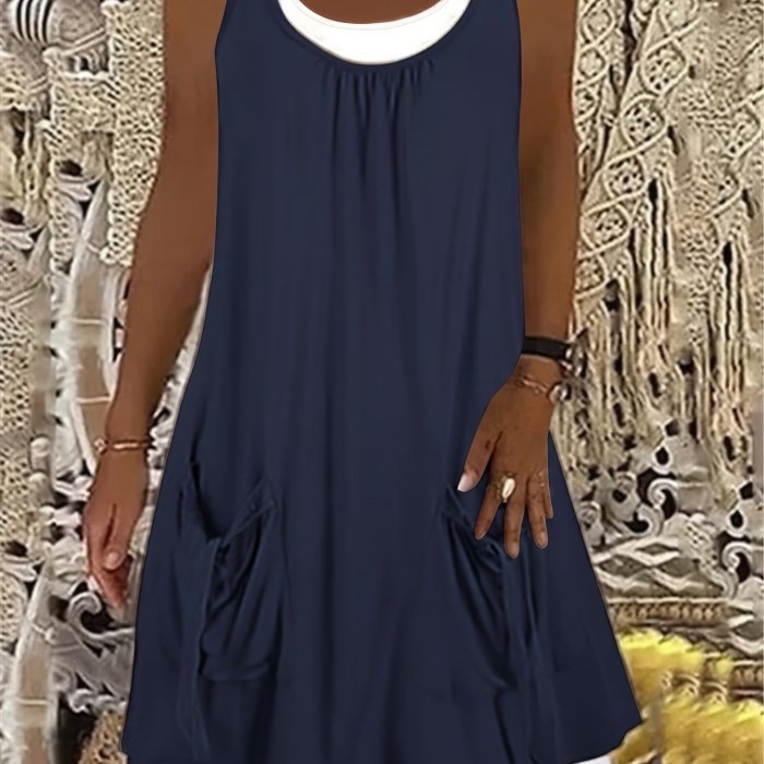 Colorblock Dual Pocket Tank Dress, Casual Sleeveless Crew Neck Dress, Women's Clothing